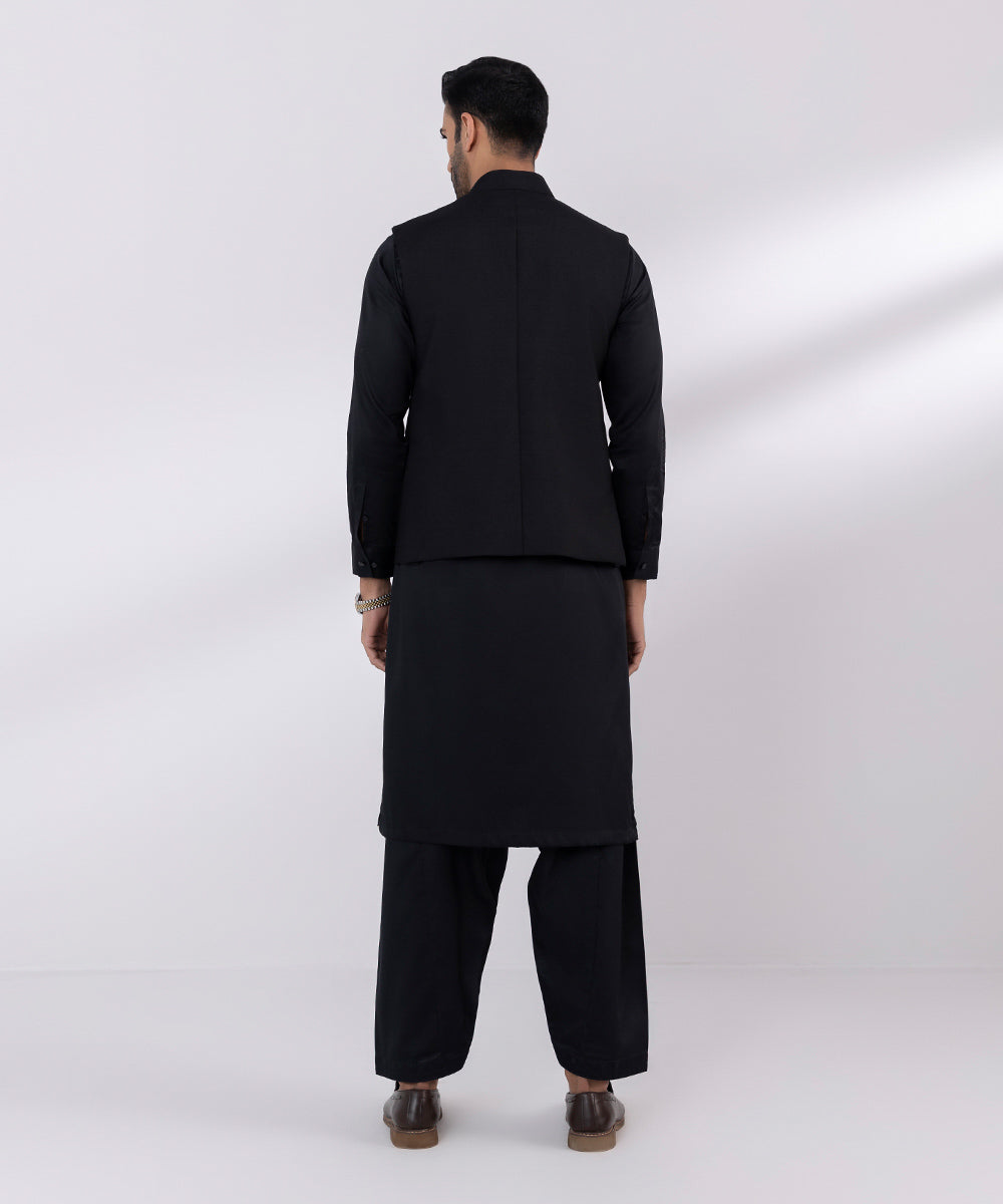 Men's Stitched Tropical Black Straight Hem Waistcoat