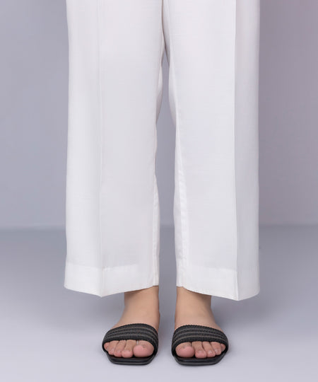 Women's Pret Viscose Raw Silk White Straight Pants