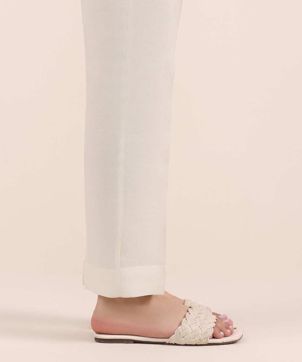 Women's Pret Viscose Raw Silk Off White Dyed Cigarette Pants