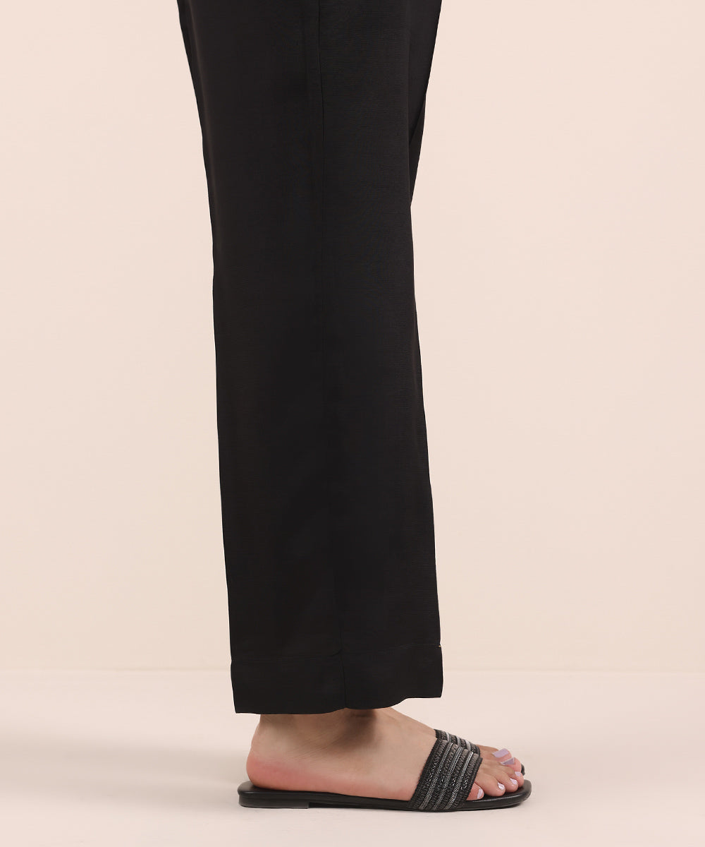 Women's Pret Viscose Raw Silk Black Dyed Straight Pants