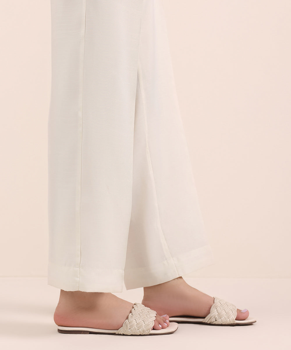 Women's Pret Viscose Raw Silk Off White Dyed Straight Pants