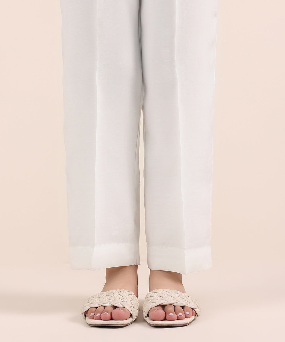 Women's Pret Viscose Raw Silk White Dyed Straight Pants