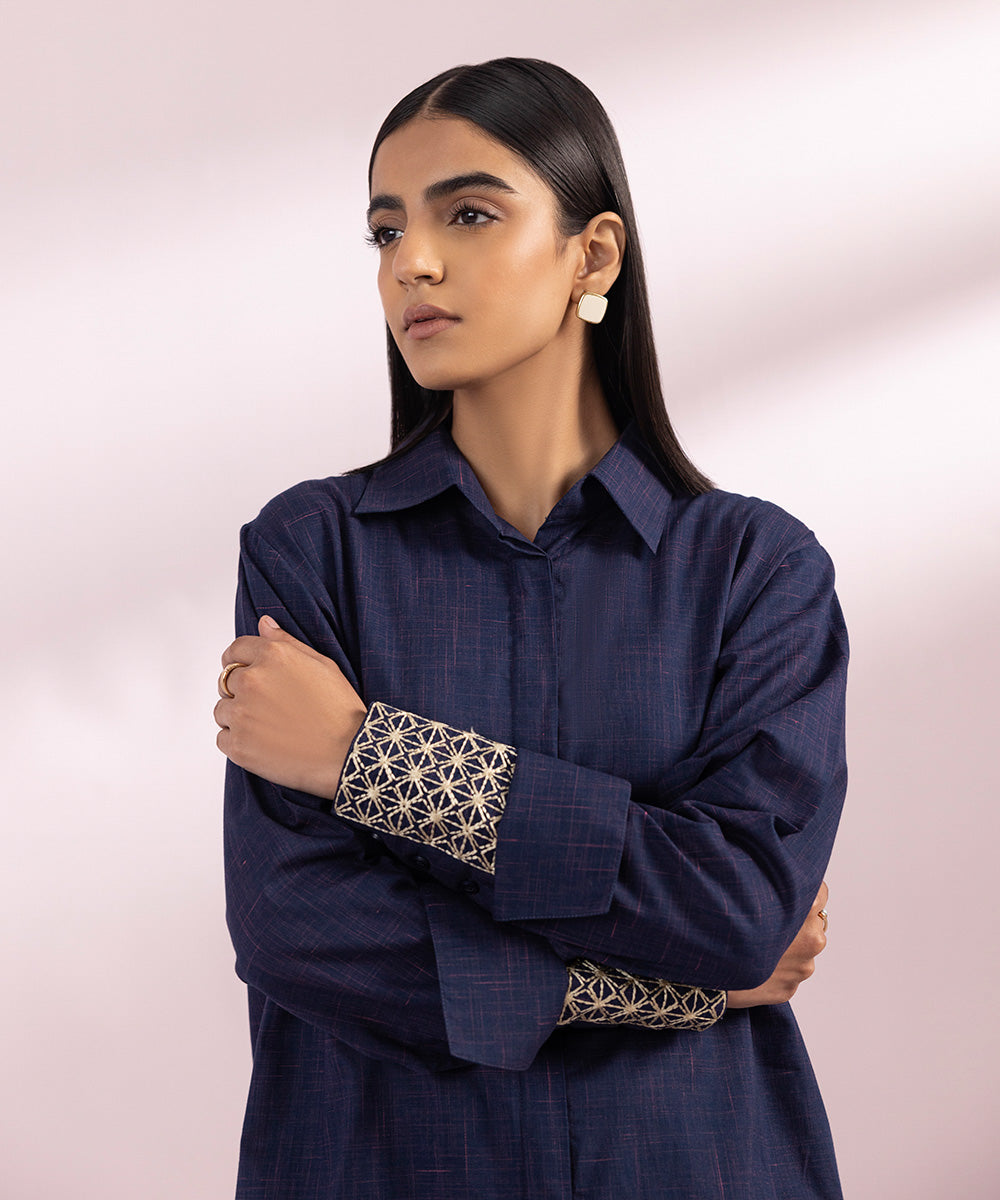 Women's Pret Cotton Embroidered Blue Straight Button Down Shirt