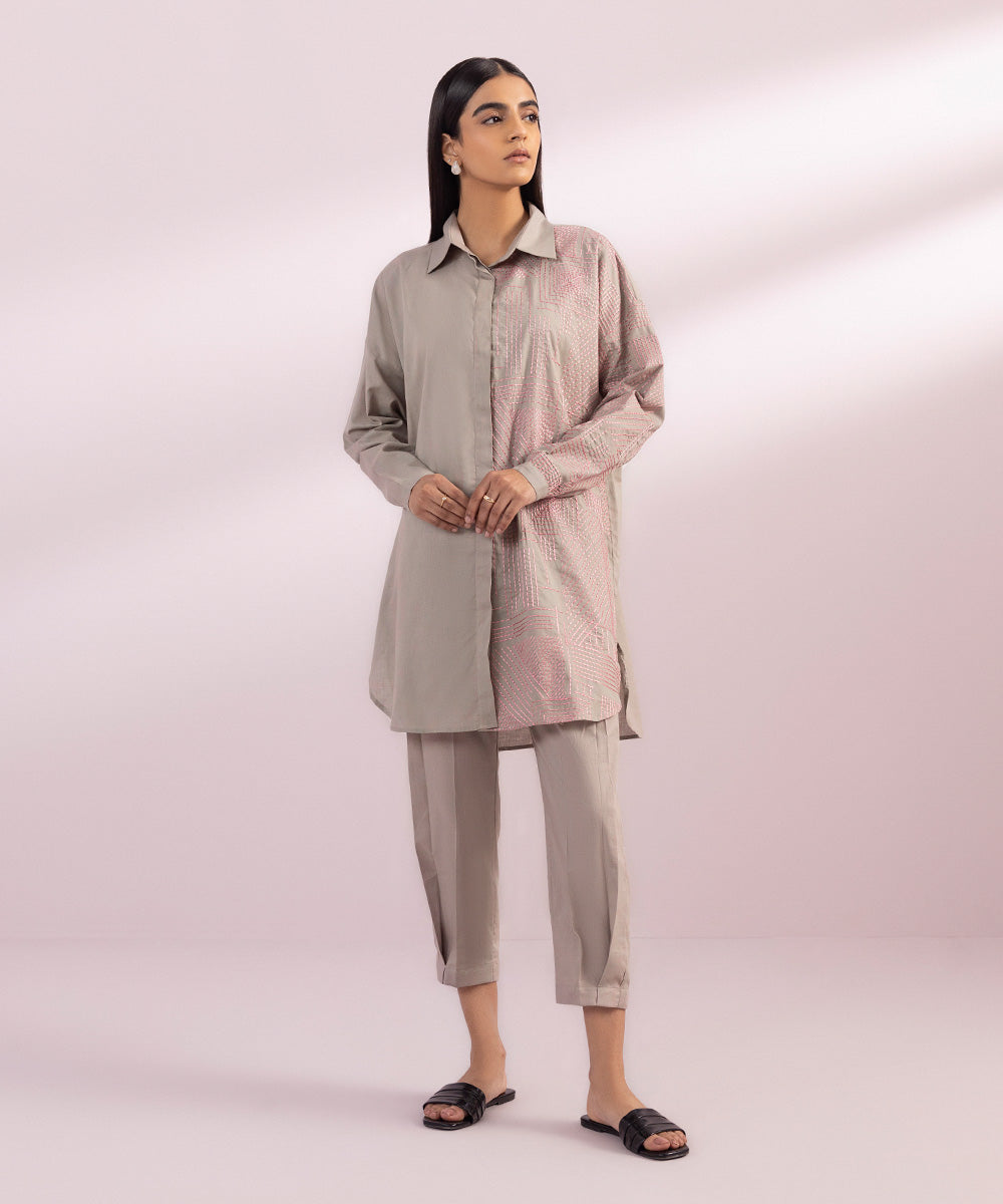 Women's Pret Cotton Embroidered Grey Straight Button Down Shirt