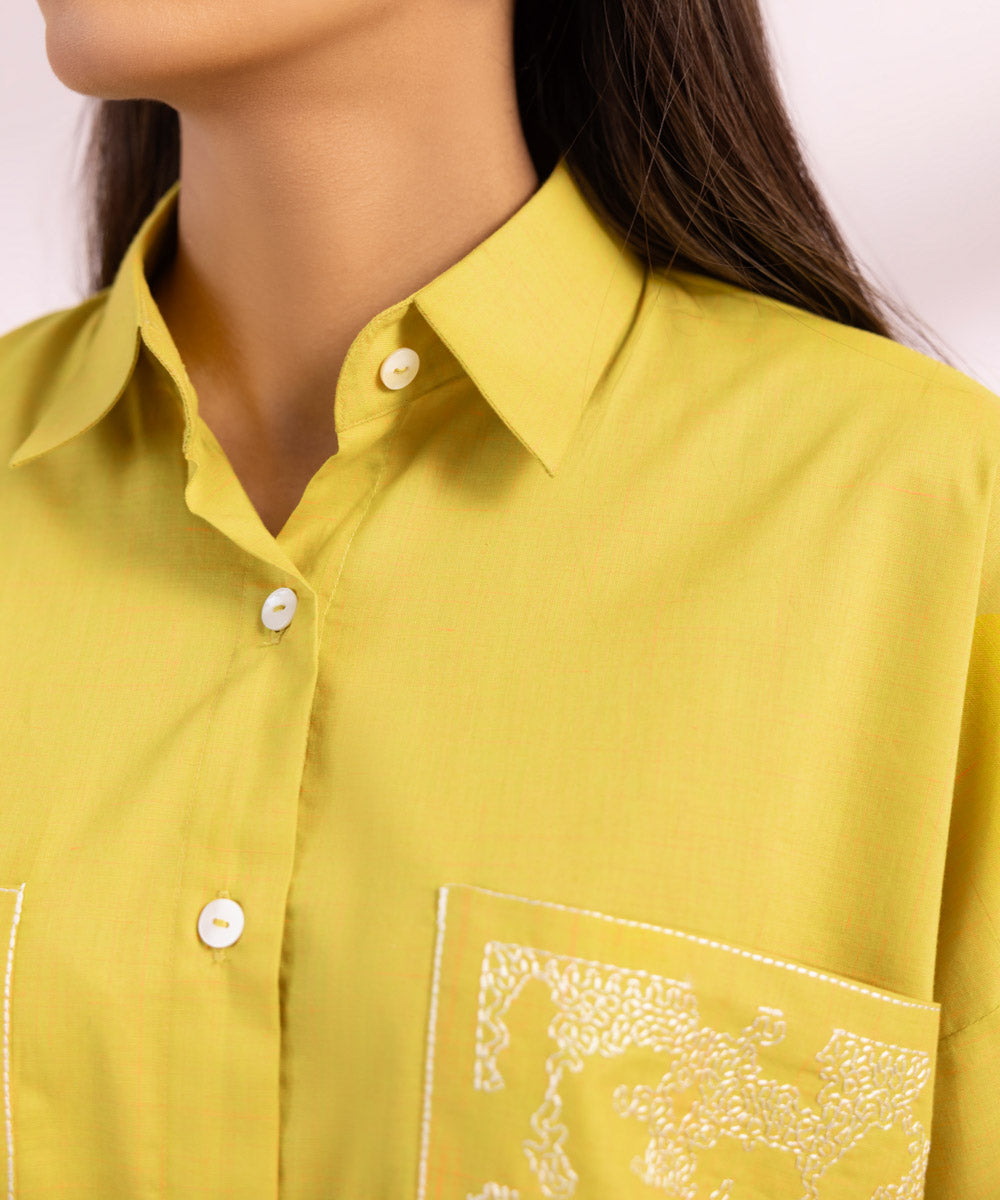 Women's Pret Cotton Embroidered Yellow Drop Shoulder Shirt