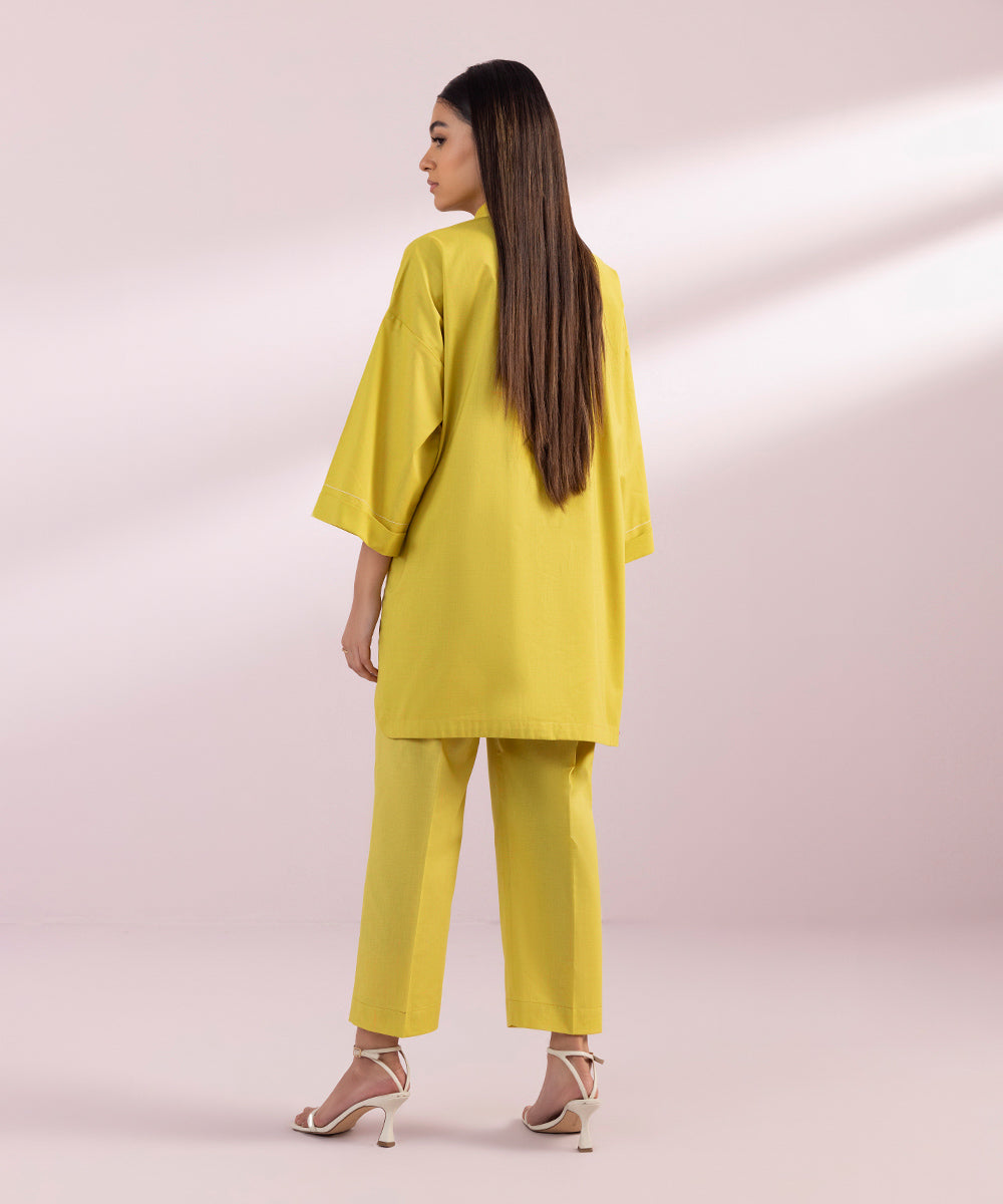 Women's Pret Cotton Embroidered Yellow Drop Shoulder Shirt