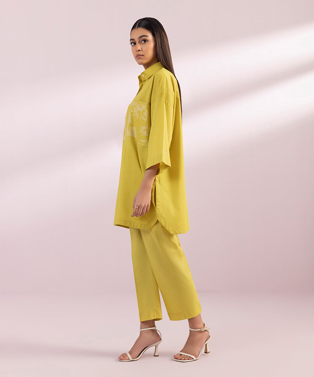 Women's Pret Cotton Embroidered Yellow Drop Shoulder Shirt