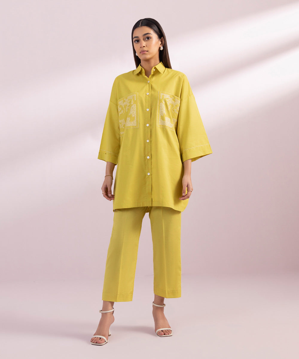 Women's Pret Cotton Embroidered Yellow Drop Shoulder Shirt