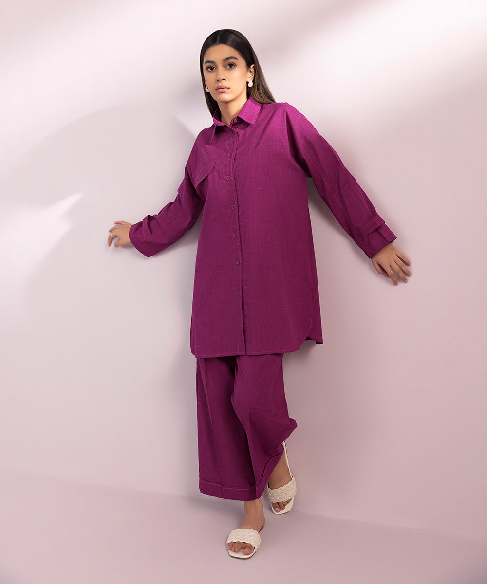 Women's Pret Cotton Solid Purple Drop Shoulder Shirt