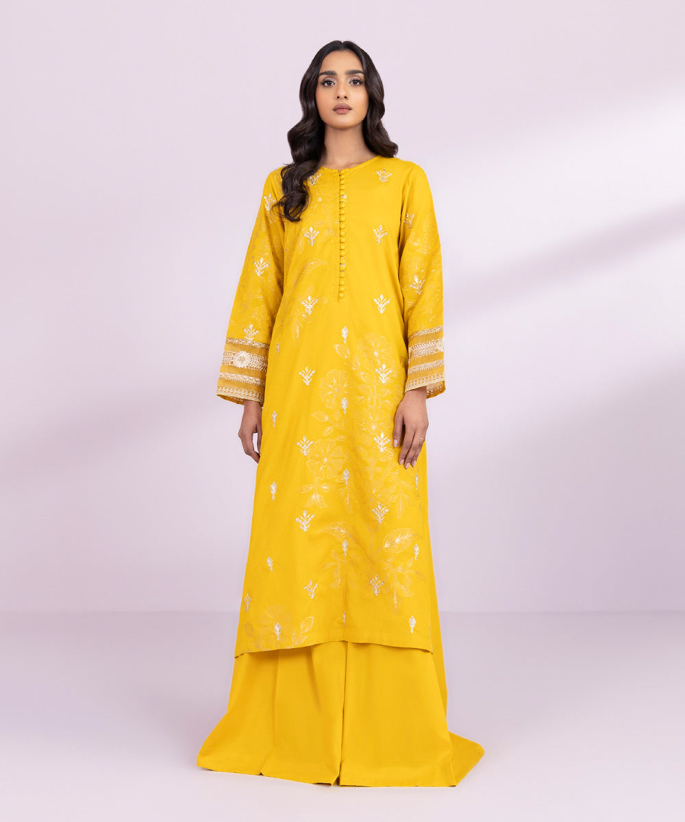 Women's Pret Extra Weft Jacquard Embroidered Solid Yellow Straight Shirt