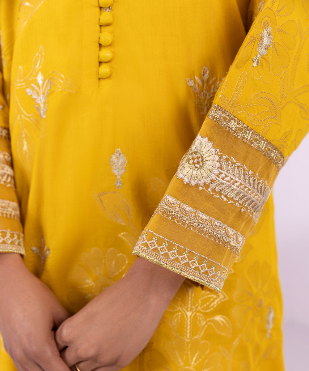 Women's Pret Extra Weft Jacquard Embroidered Solid Yellow Straight Shirt