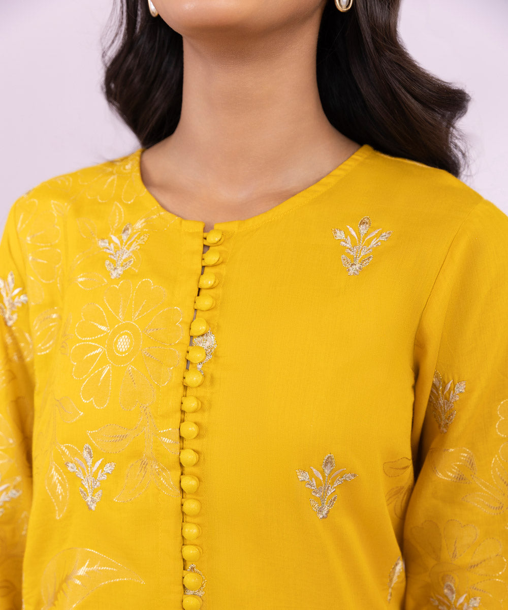 Women's Pret Extra Weft Jacquard Embroidered Solid Yellow Straight Shirt