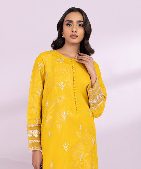 Women's Pret Extra Weft Jacquard Embroidered Solid Yellow Straight Shirt