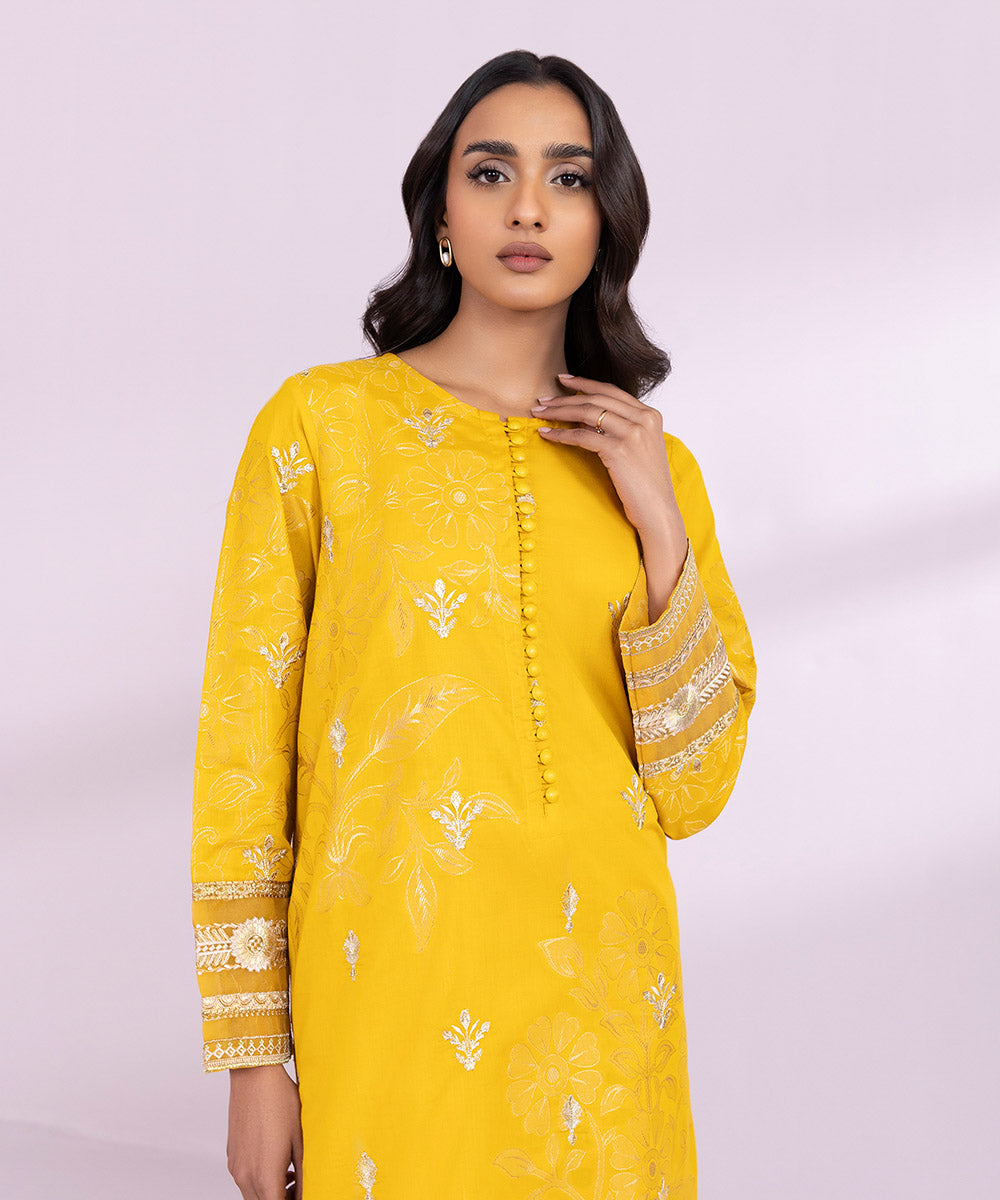 Women's Pret Extra Weft Jacquard Embroidered Solid Yellow Straight Shirt