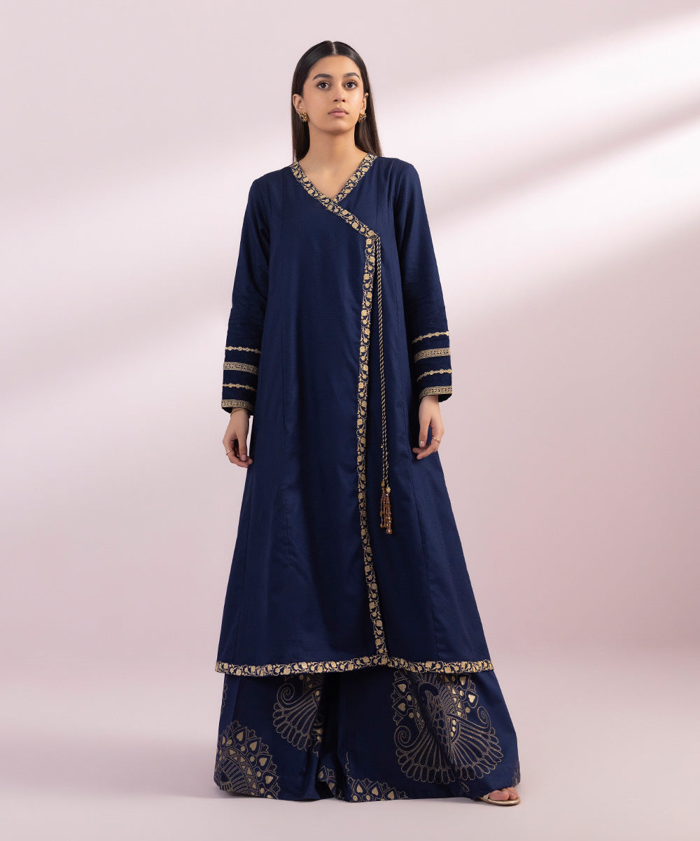 Women's Pret Dobby Embroidered Blue Flared Angrakha