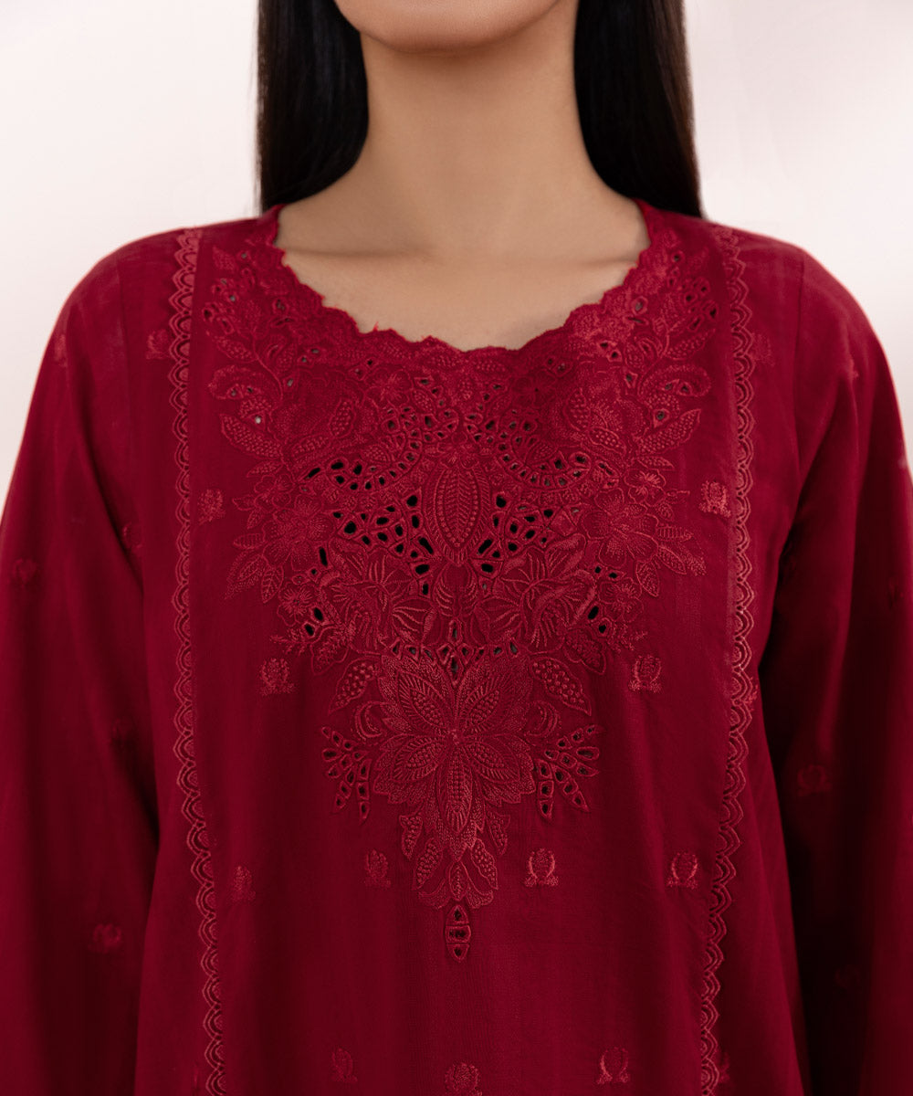 Women's Pret Dobby Embroidered Red A-Line Shirt