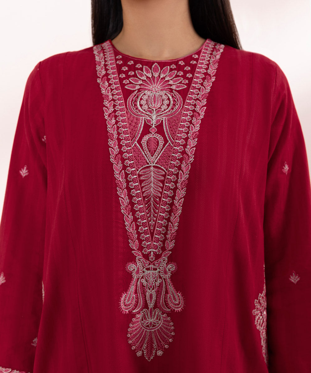 Women's Pret Dobby Embroidered Red Straight Shirt