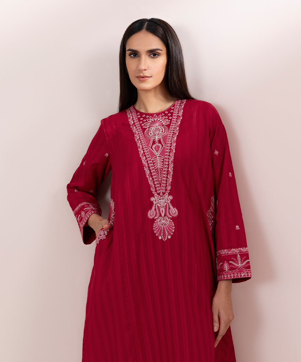 Women's Pret Dobby Embroidered Red Straight Shirt