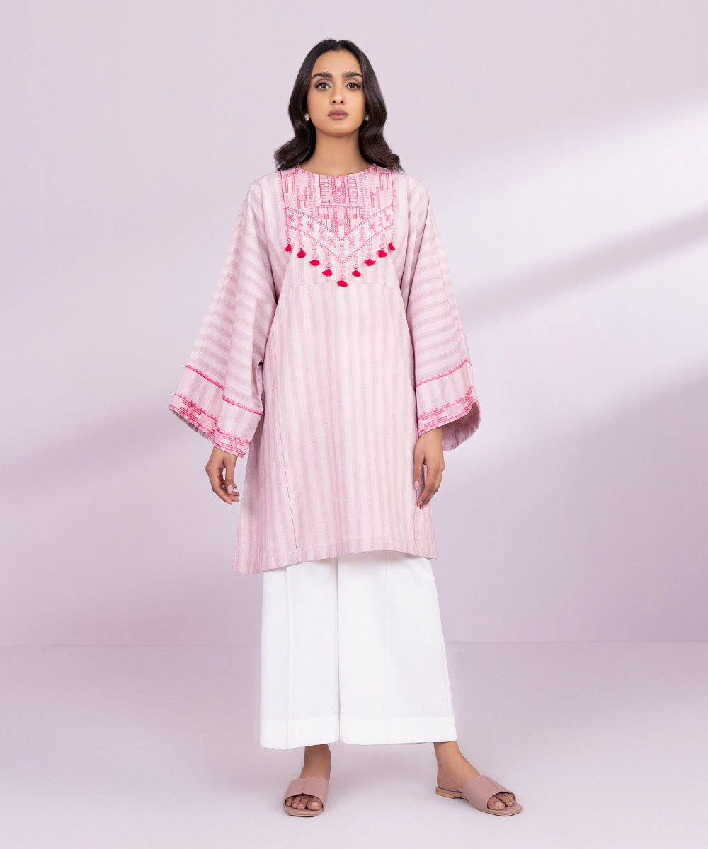 Women's Pret Dobby Embroidered Solid Pink A-Line Shirt