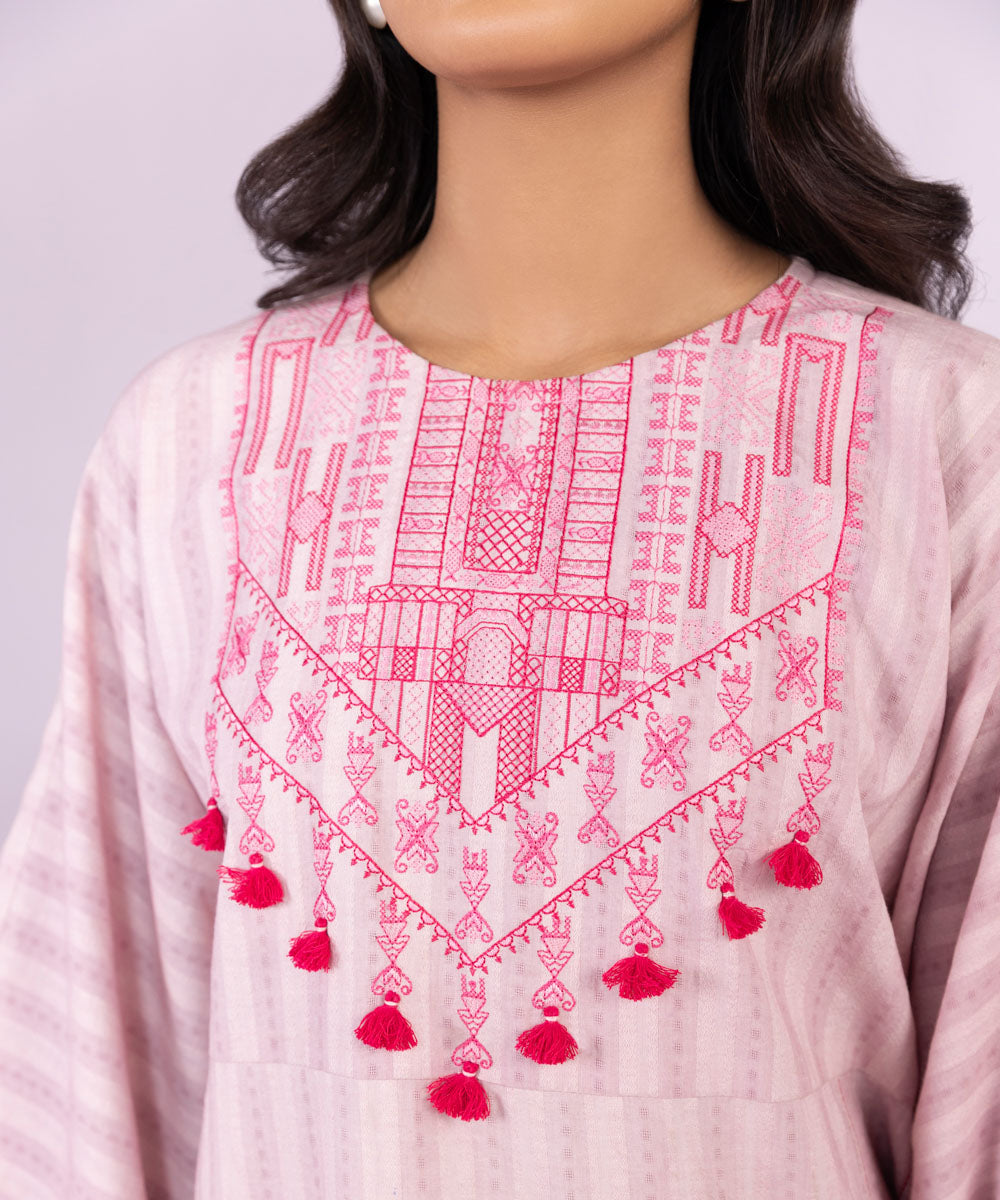 Women's Pret Dobby Embroidered Solid Pink A-Line Shirt