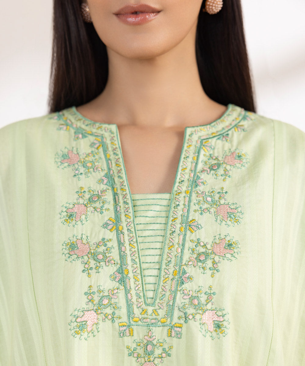 Women's Pret Dobby Embroidered Green Boxy Shirt