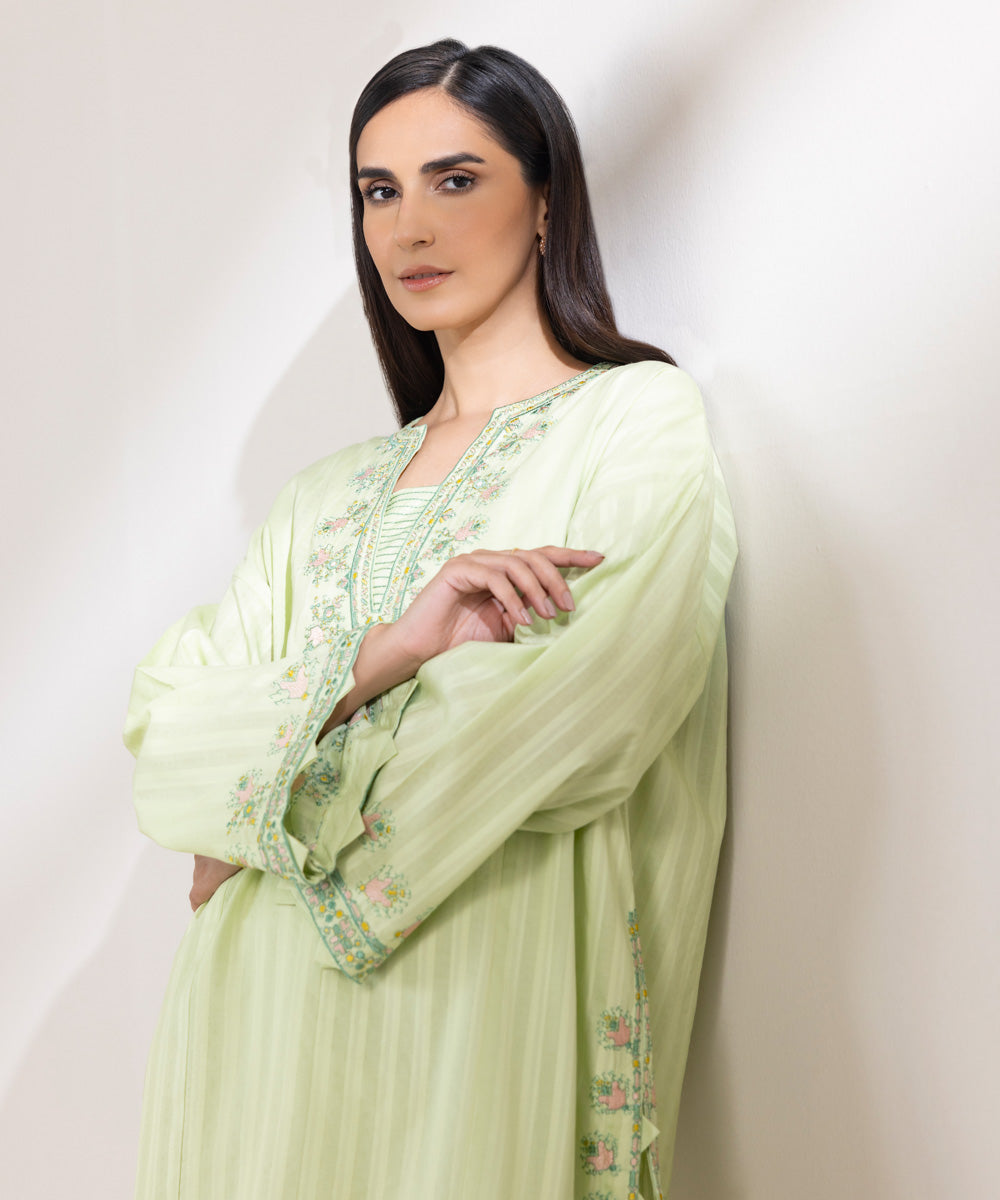 Women's Pret Dobby Embroidered Green Boxy Shirt