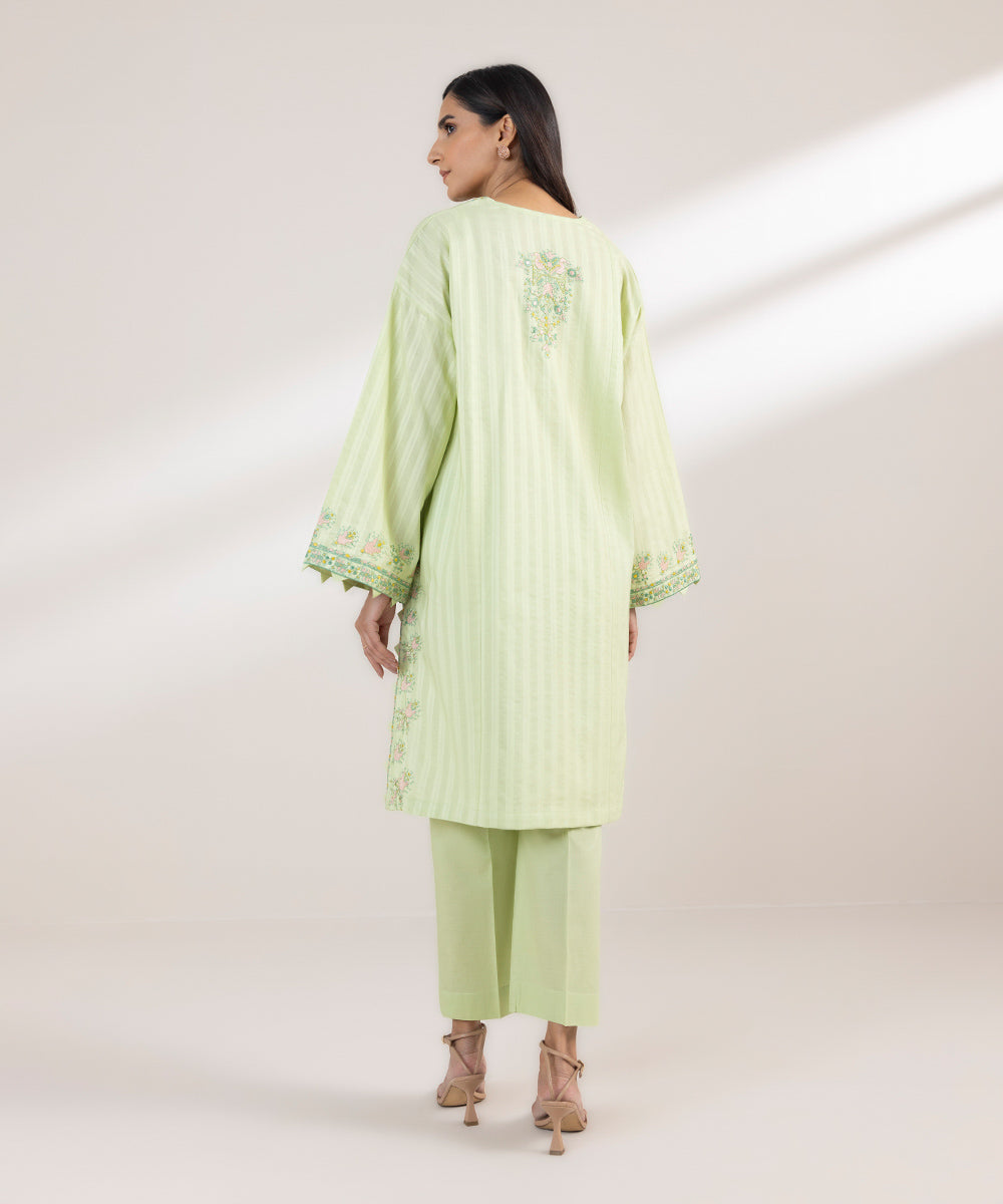 Women's Pret Dobby Embroidered Green Boxy Shirt