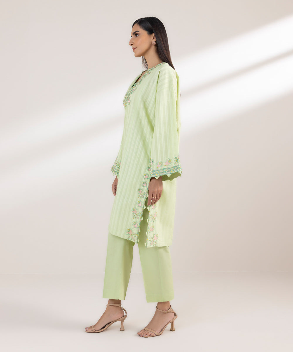 Women's Pret Dobby Embroidered Green Boxy Shirt