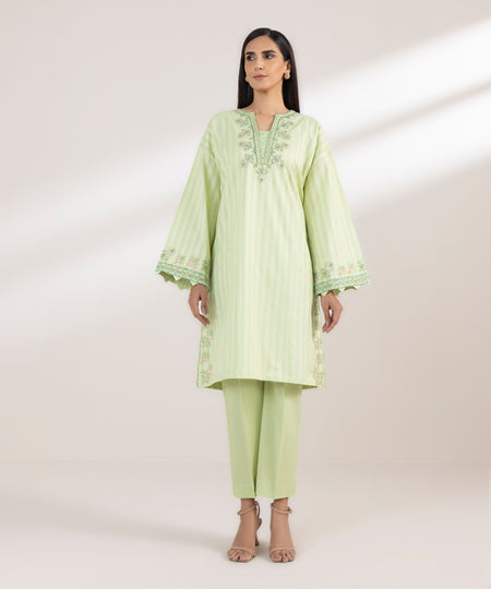 Women's Pret Dobby Embroidered Green Boxy Shirt