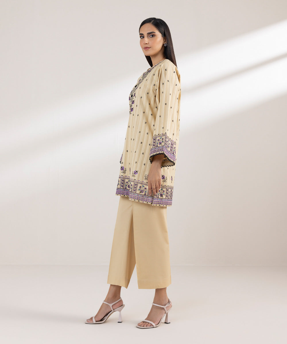 Women's Pret Dobby Embroidered Beige Boxy Shirt