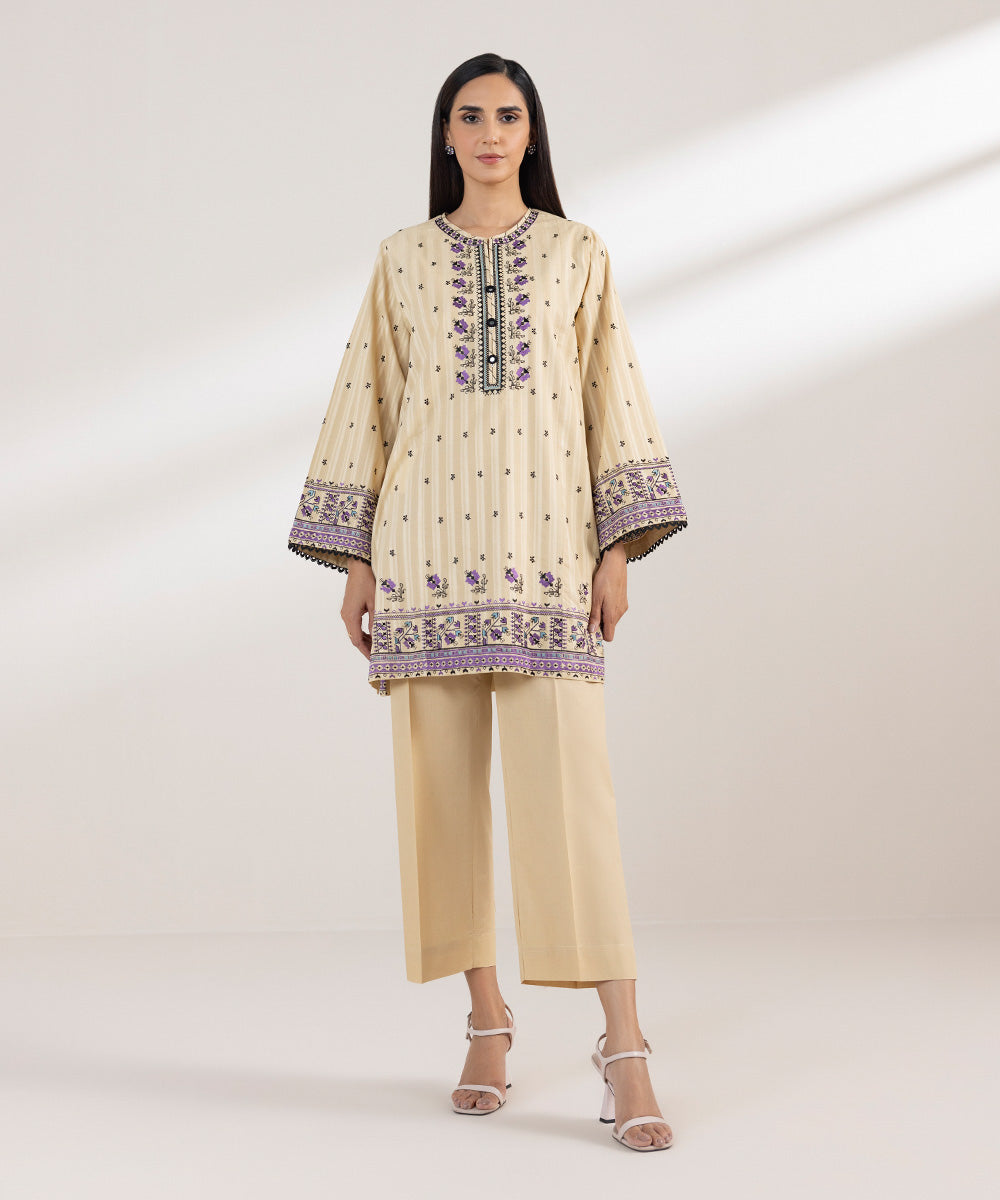 Women's Pret Dobby Embroidered Beige Boxy Shirt