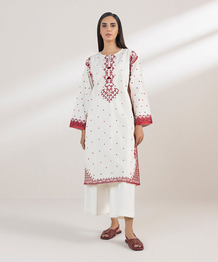 Women's Pret Cotton Jacquard Embroidered White Boxy Shirt