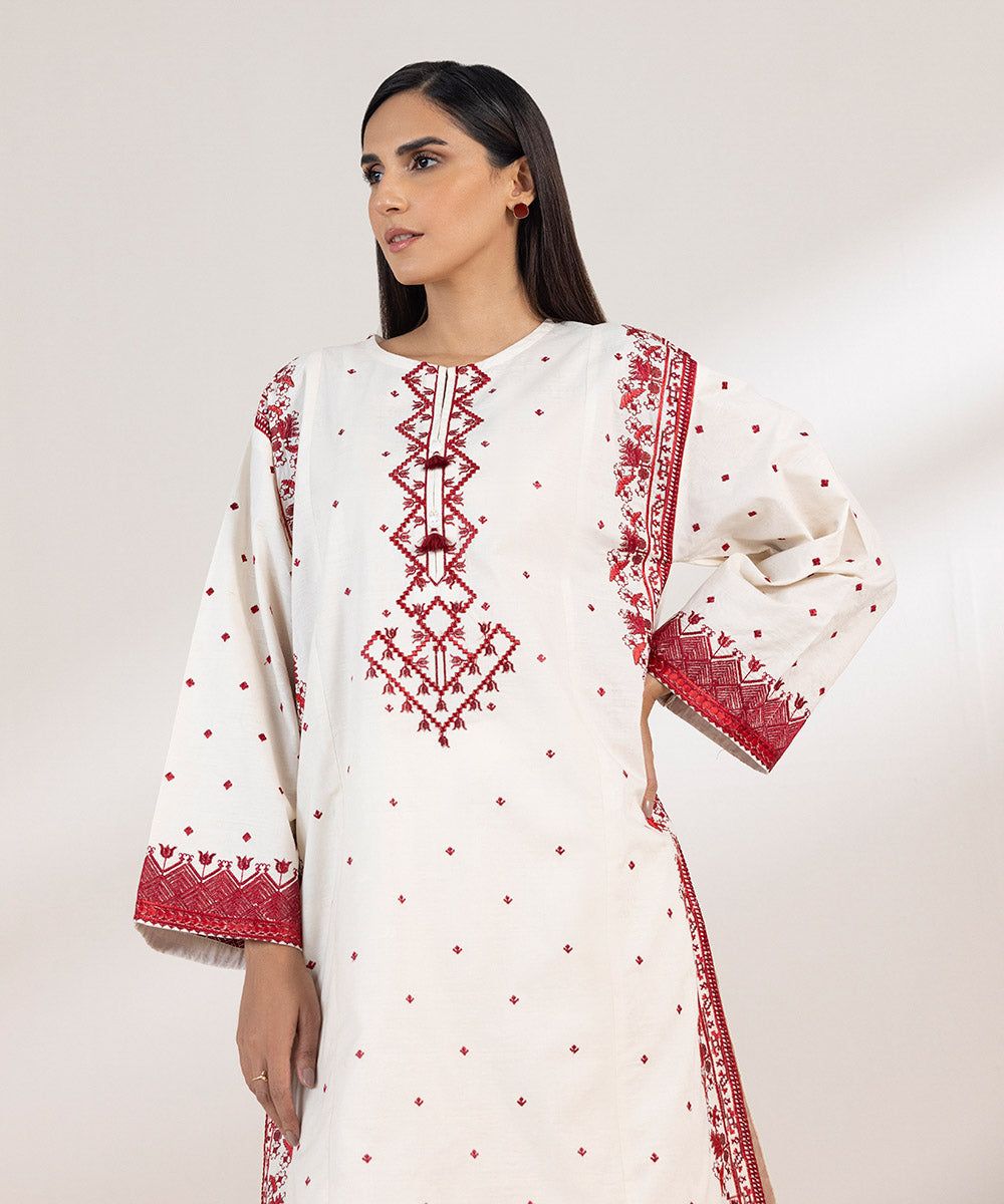 Women's Pret Cotton Jacquard Embroidered White Boxy Shirt