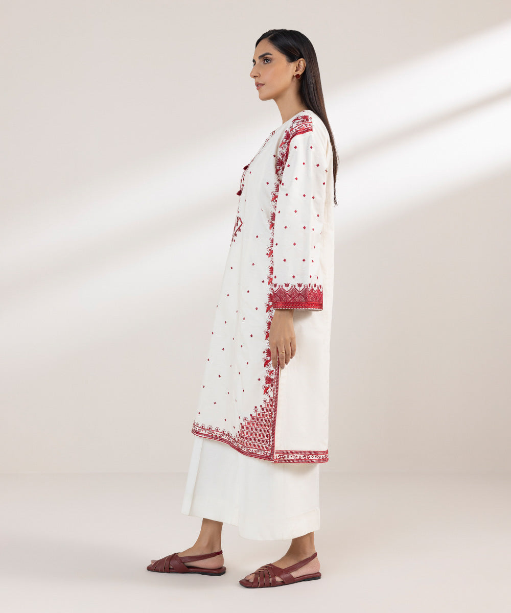 Women's Pret Cotton Jacquard Embroidered White Boxy Shirt