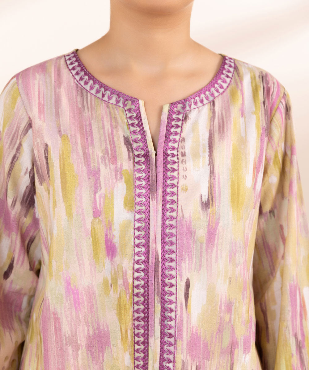 Women's Pret Cambric Purple Printed Embroidered A-Line Shirt