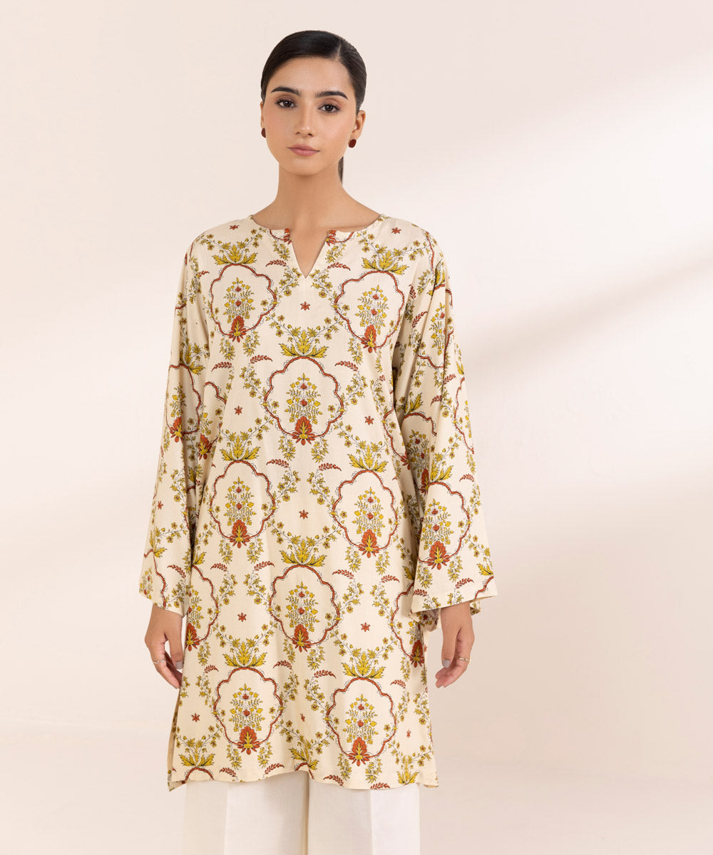 Women's Pret Arabic Lawn Printed Beige Boxy Shirt