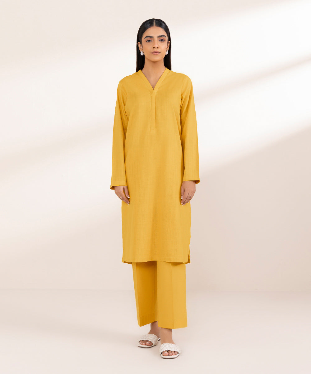 Women's Pret Khaddar Yellow Solid A-Line Shirt