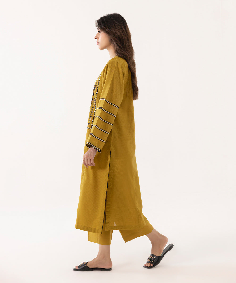 Women's Intermix Pret Textured Cotton Solid Embroidered Mustard Shirt