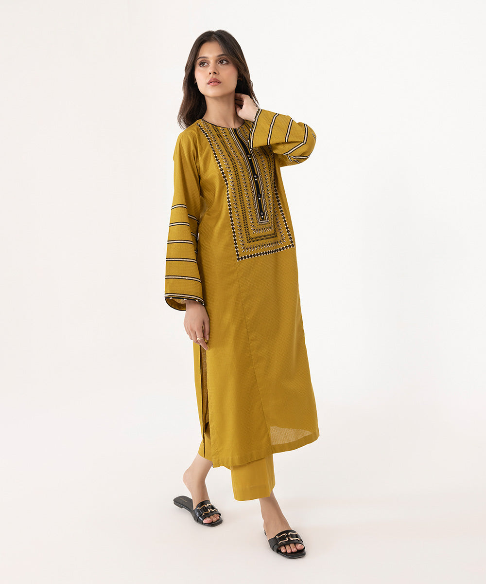 Women's Intermix Pret Textured Cotton Solid Embroidered Mustard Shirt