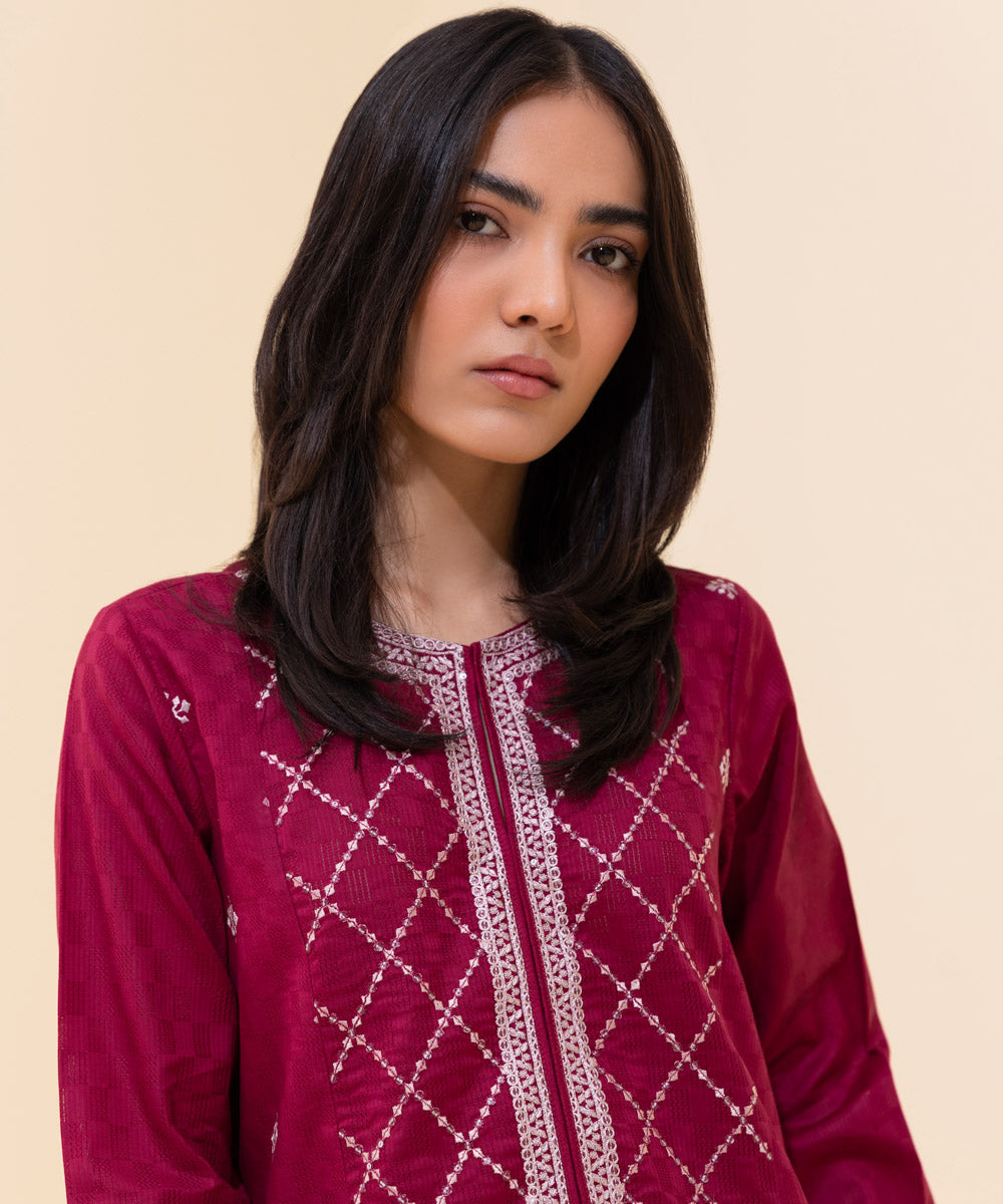Women's Summer Pret Textured Cotton Solid Embroidered Pink Straight Shirt