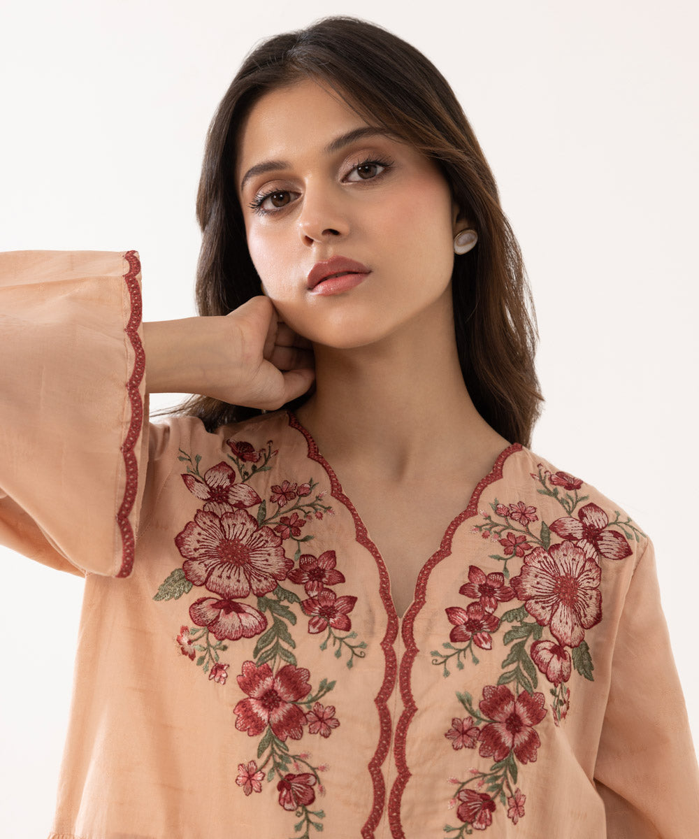 Women's Intermix Pret Self Jacquard Solid Embroidered Beige Shirt