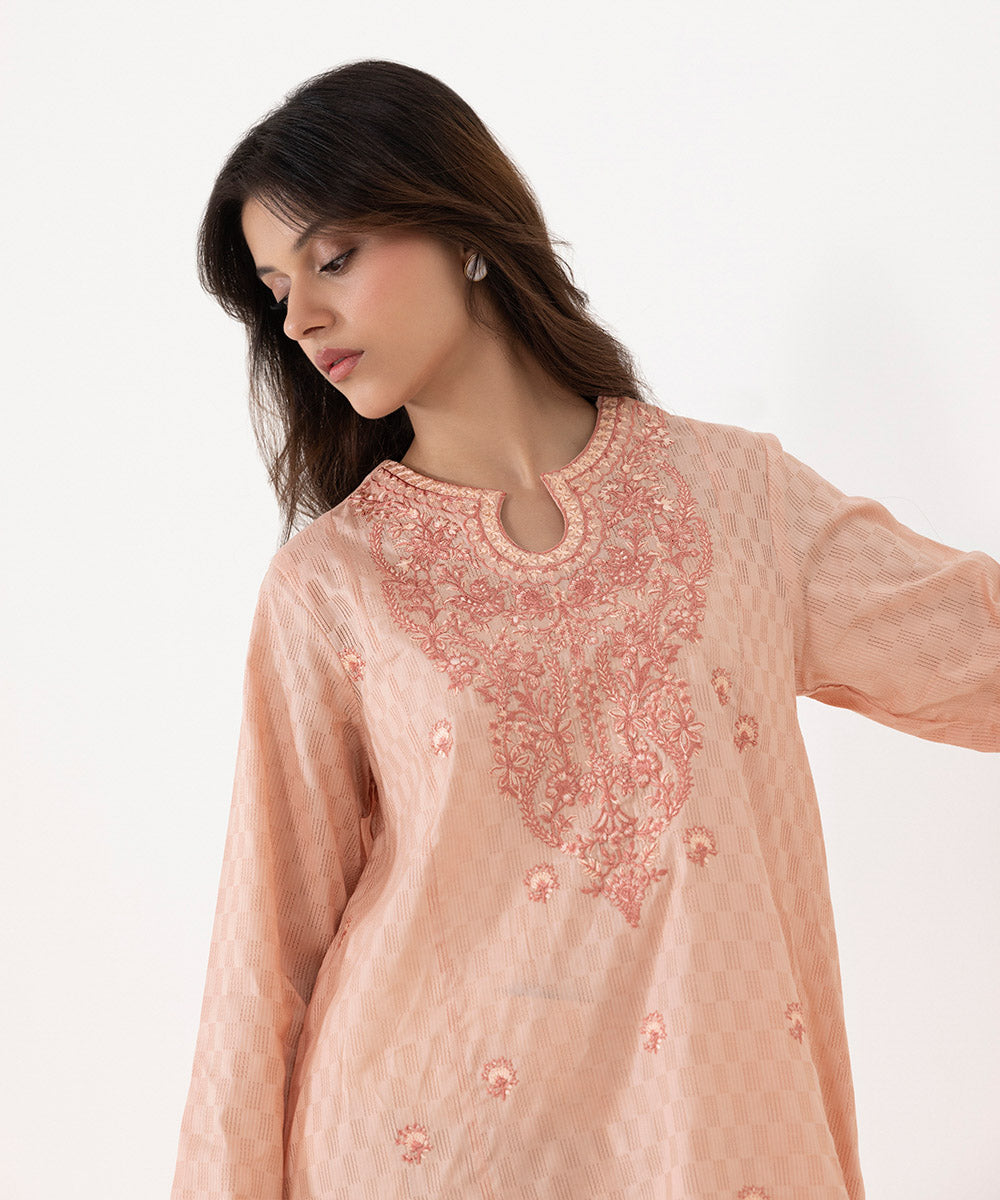 Women's Intermix Pret Textured Cotton Solid Embroidered Pink Shirt