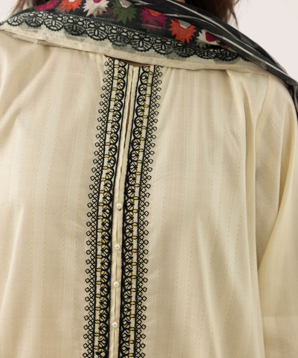Women's Intermix Pret Textured Cotton Embroidered Off White 2 Piece Suit