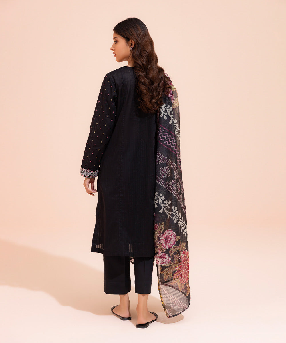 Women's Summer Pret Textured Cotton Embroidered Black 2 Piece Suit