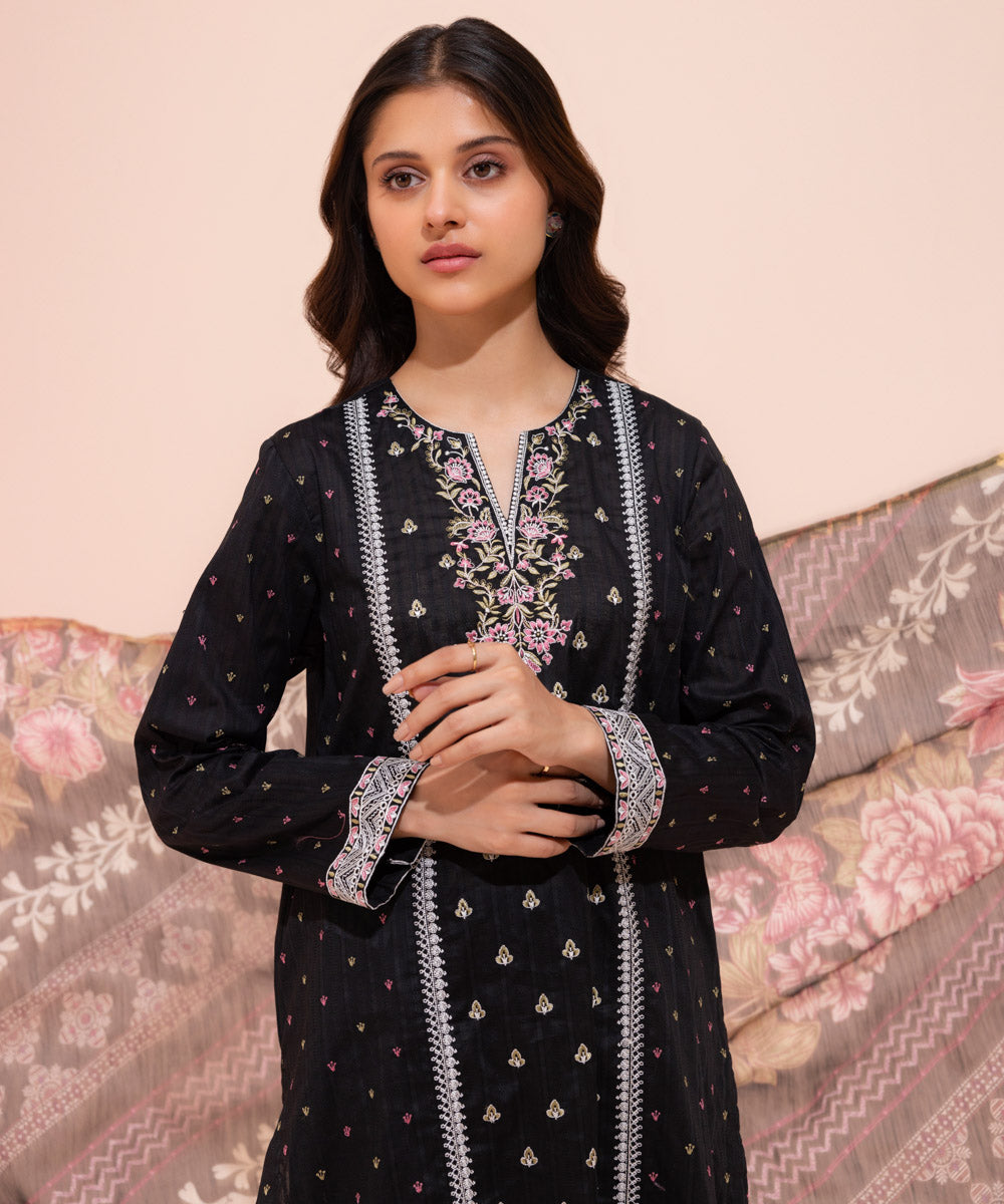 Women's Summer Pret Textured Cotton Embroidered Black 2 Piece Suit