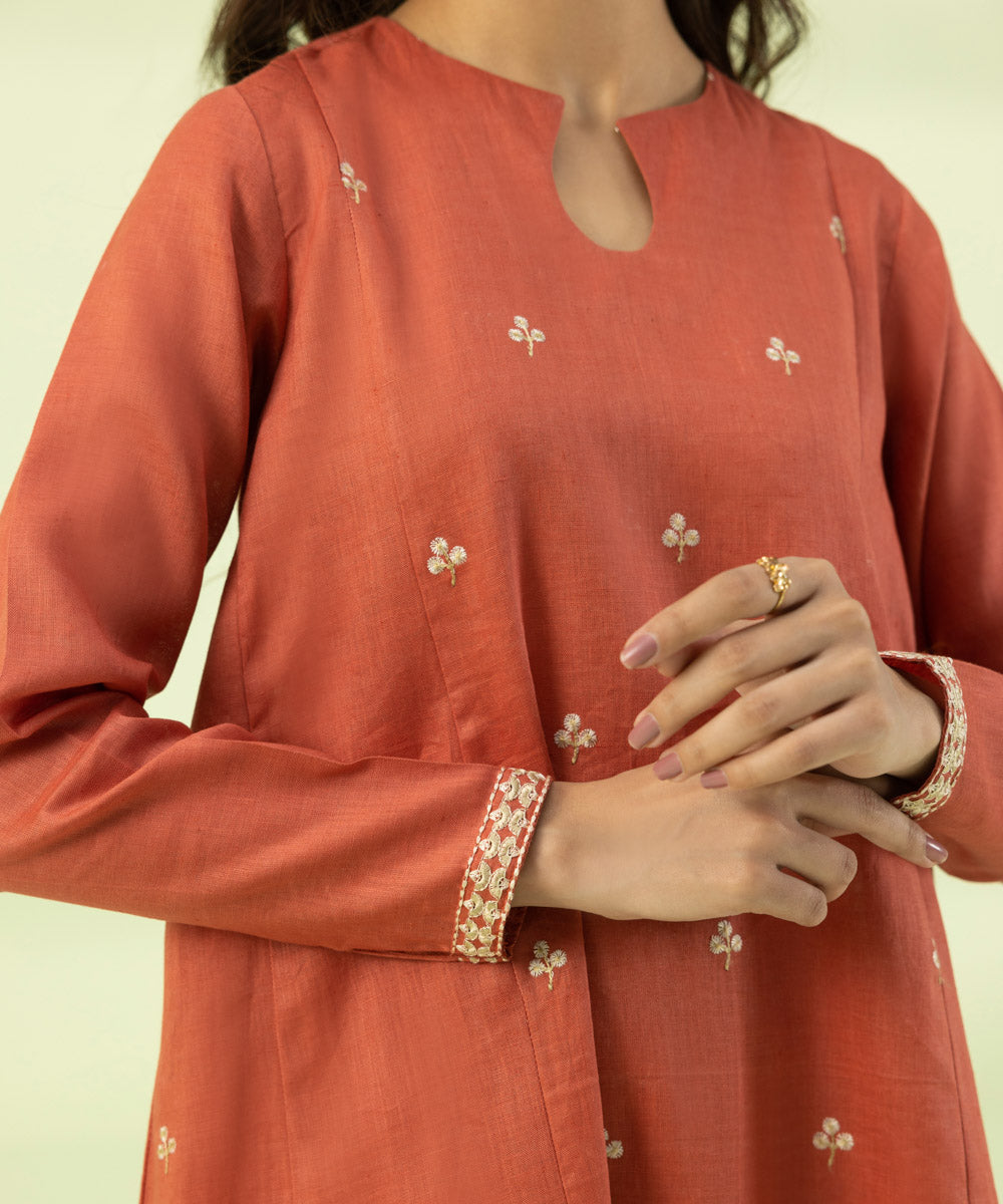 Women's Pret Summer Pure Linen Red Embroidered Flarred Aline Shirt