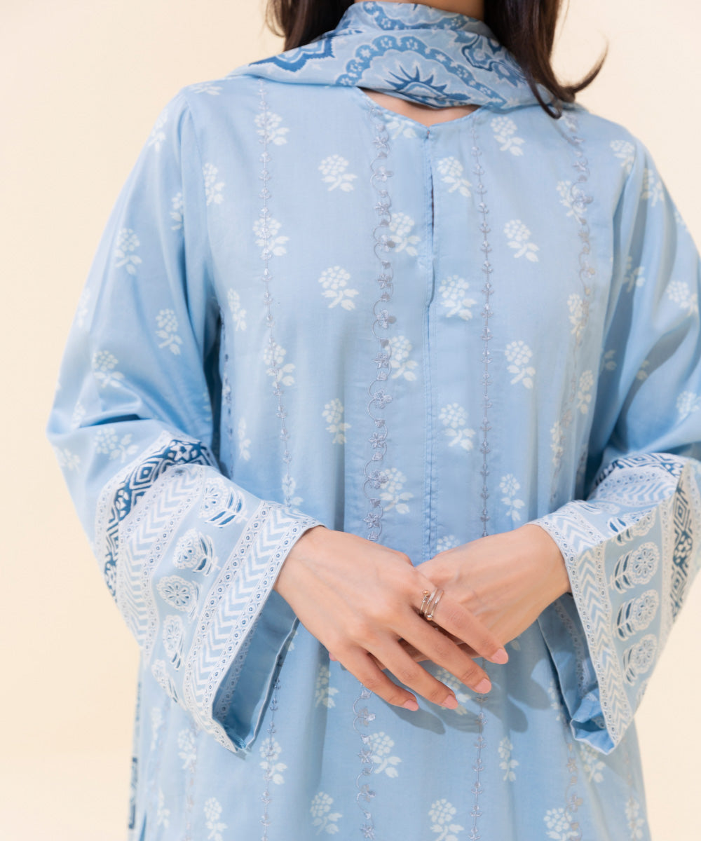 Women's Eid Pret Cotton Satin Embroidered Sky Blue 3 Piece Suit
