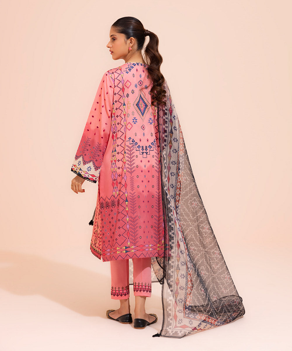 Women's Eid Pret Cotton Satin Embroidered Pink 3 Piece Suit