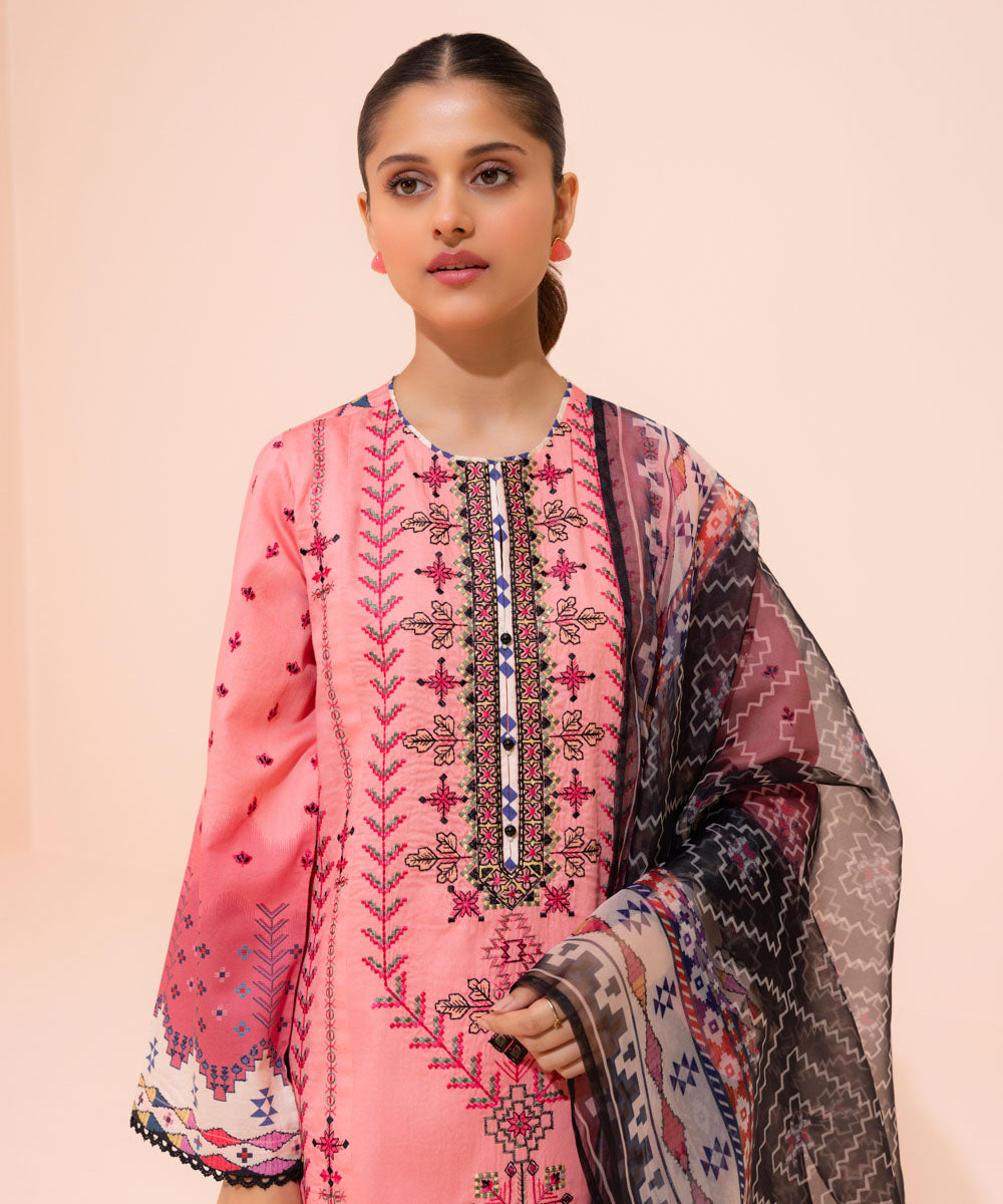 Women's Eid Pret Cotton Satin Embroidered Pink 3 Piece Suit