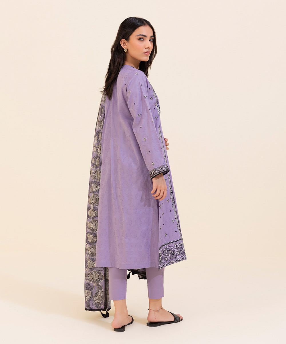Women's Eid Pret Self Jacquard Embroidered Lilac 3 Piece Suit
